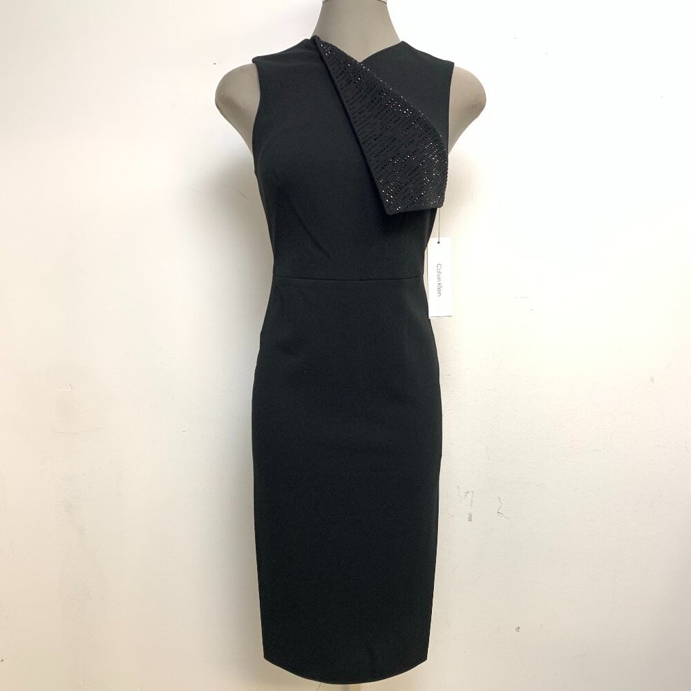 Calvin Klein Women's Formal Embellished Fold Over-Neck Front Sheath Dress
